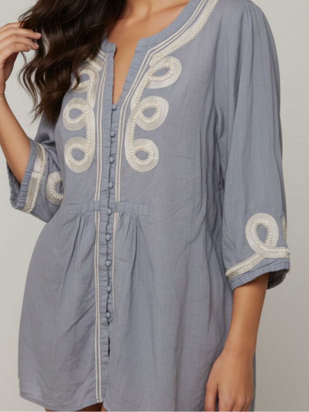 Avenue Gray Tunic with Cream Embroidery Detail